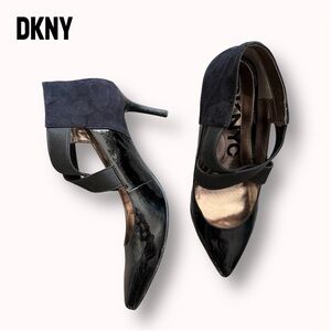 DKNYC patent faux leather and suede pumps